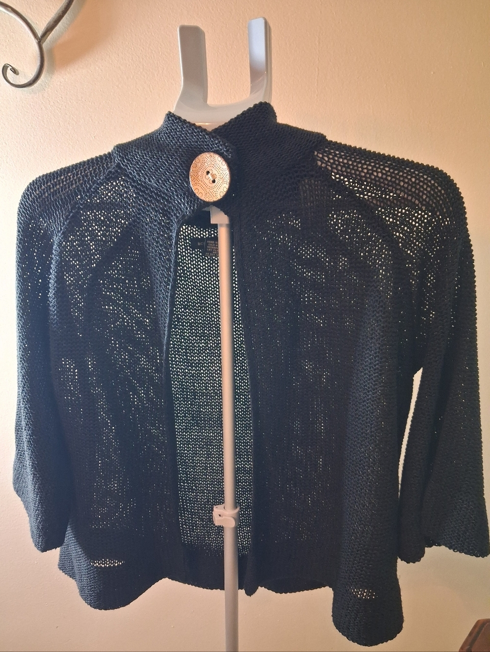 BCBGMaxAzria Black Open-Knit Button-Front Cropped Cape Cardigan